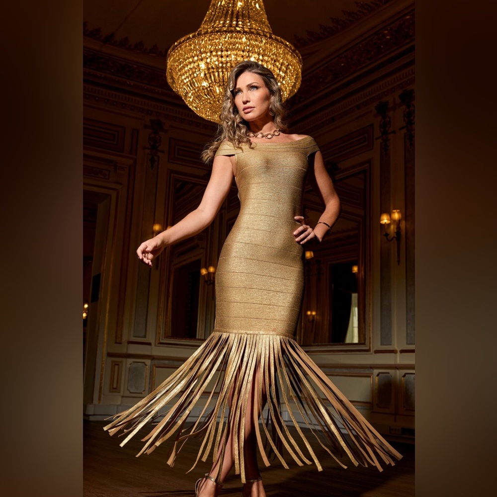 Boston Proper Fringe Trim Metallic Bandage Dress